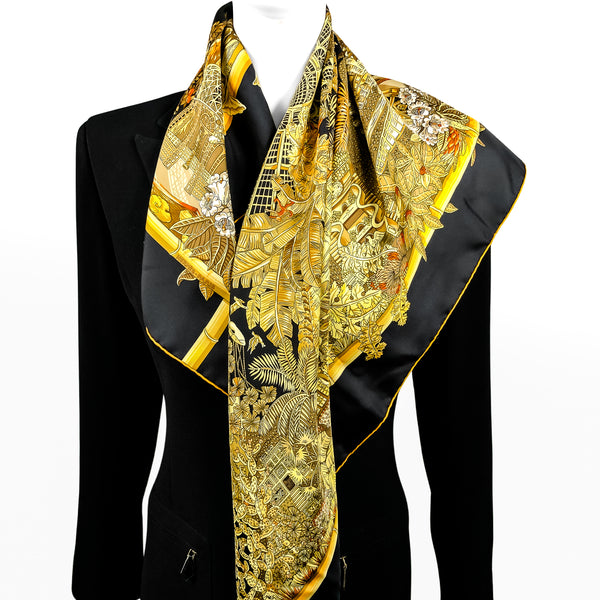 Jardins d'Hiver Hermes Scarf by Annie Faivre 90 cm Silk Twill Black & Gold Col.