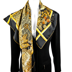 Jardins d'Hiver Hermes Scarf by Annie Faivre 90 cm Silk Twill Black & Gold Col.