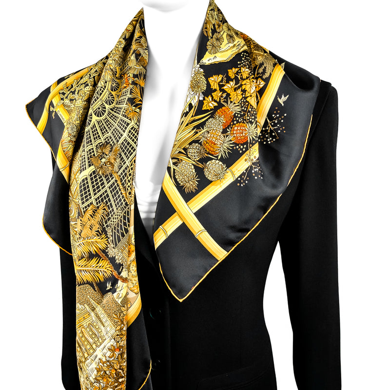 Jardins d'Hiver Hermes Scarf by Annie Faivre 90 cm Silk Twill Black & Gold Col.