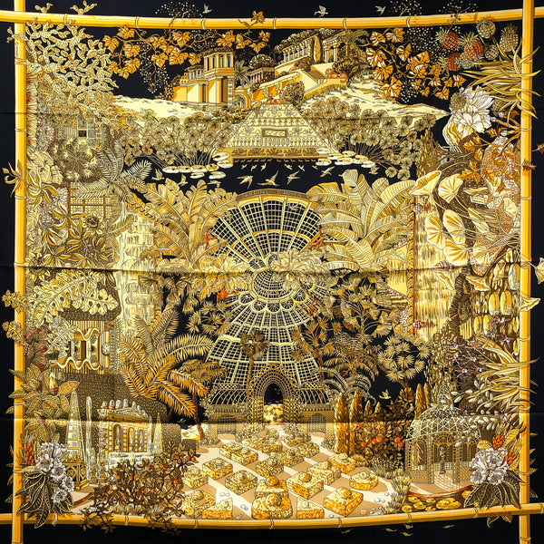 Jardins d'Hiver Hermes Scarf by Annie Faivre 90 cm Silk Twill Black & Gold Col.