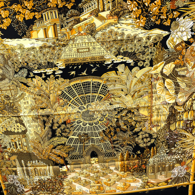 Jardins d'Hiver Hermes Scarf by Annie Faivre 90 cm Silk Twill Black & Gold Col.