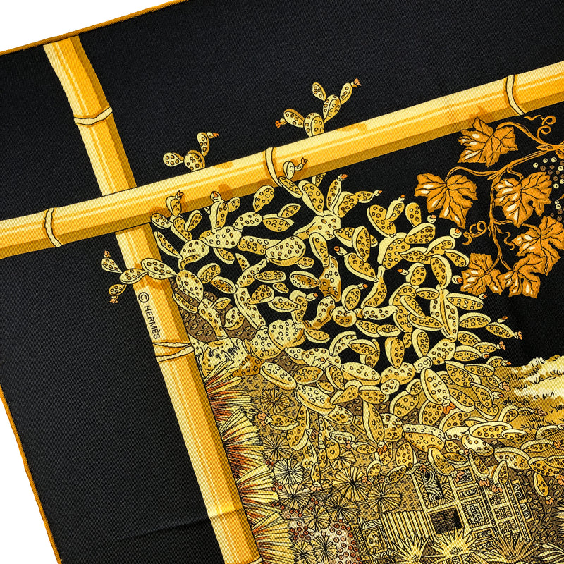 Jardins d'Hiver Hermes Scarf by Annie Faivre 90 cm Silk Twill Black & Gold Col.