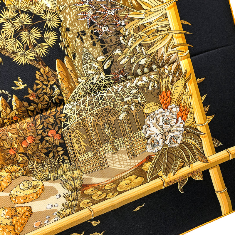 Jardins d'Hiver Hermes Scarf by Annie Faivre 90 cm Silk Twill Black & Gold Col.