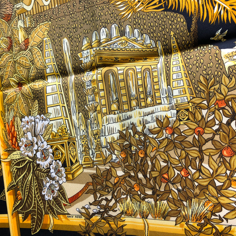 Jardins d'Hiver Hermes Scarf by Annie Faivre 90 cm Silk Twill Black & Gold Col.