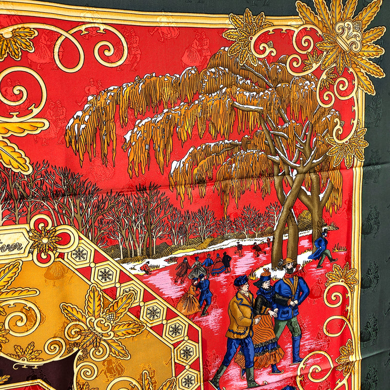 Joies d'Hiver Hermes Scarf by Joachim Metz 90 cm Silk Jacquard w/Joyeux Noel Box Sleeve