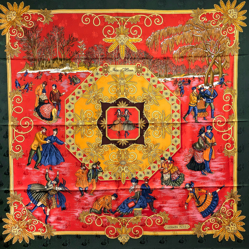 Joies d'Hiver Hermes Scarf by Joachim Metz 90 cm Silk Jacquard w/Joyeux Noel Box Sleeve