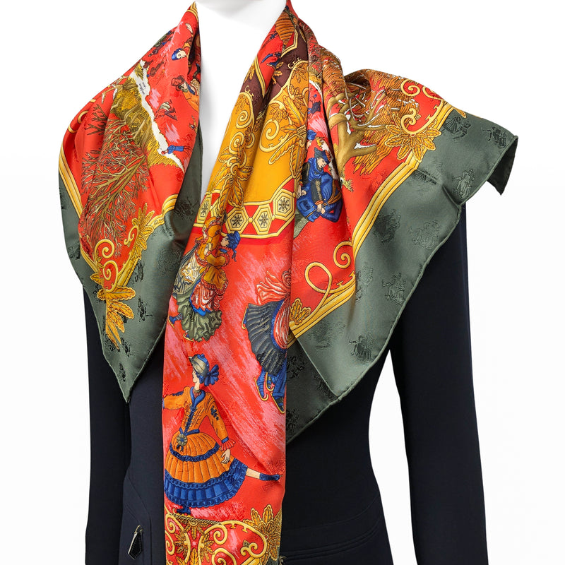 Joies d'Hiver Hermes Scarf by Joachim Metz 90 cm Silk Jacquard w/Joyeux Noel Box Sleeve