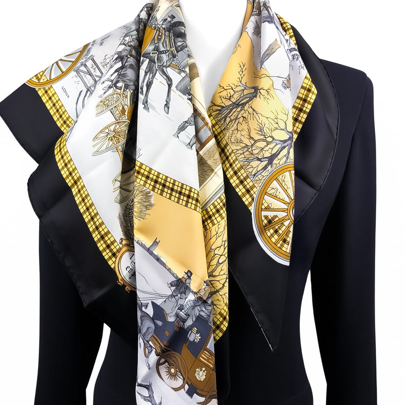 L'Hiver en Poste Hermes Scarf by Ledoux 90 cm Silk | Black Border w/Box