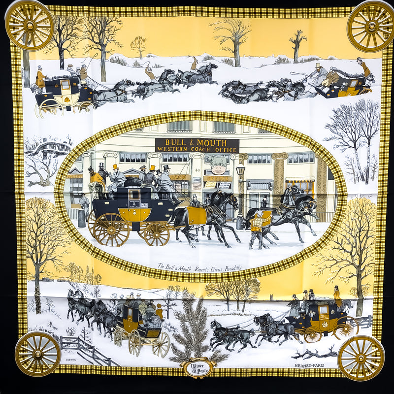 L'Hiver en Poste Hermes Scarf by Ledoux 90 cm Silk | Black Border w/Box