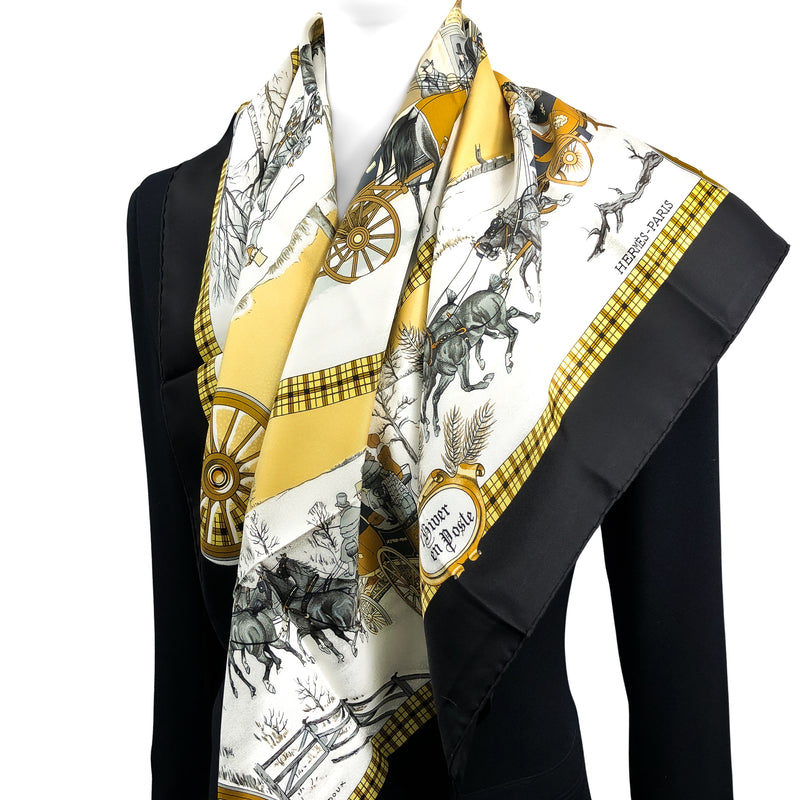 L'Hiver en Poste Hermes Scarf by Ledoux 90 cm Silk | Black Border w/Box