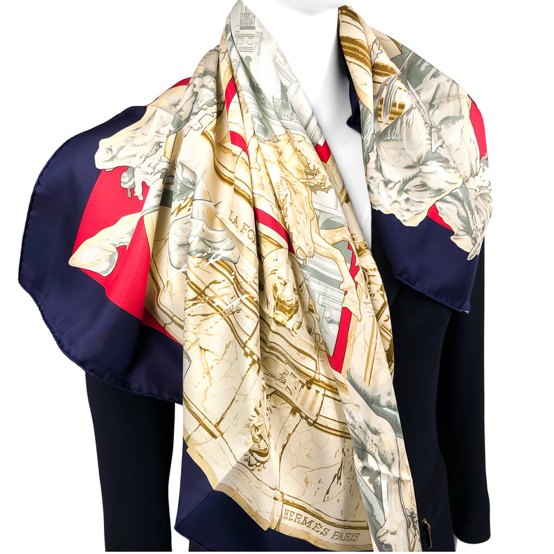 La Fontaine de Bartholdi Hermes Scarf by Rybal 90 cm Silk Twill | Red | Navy