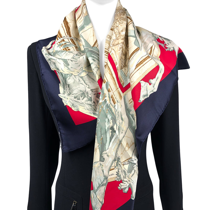 La Fontaine de Bartholdi Hermes Scarf by Rybal 90 cm Silk Twill | Red | Navy