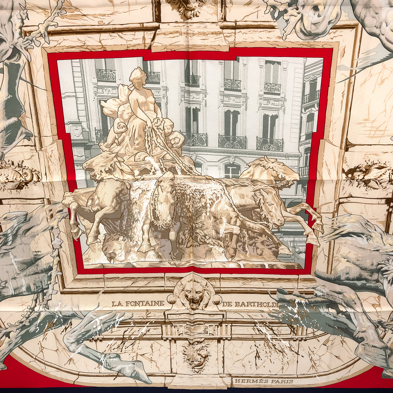 La Fontaine de Bartholdi Hermes Scarf by Rybal 90 cm Silk Twill | Red | Navy