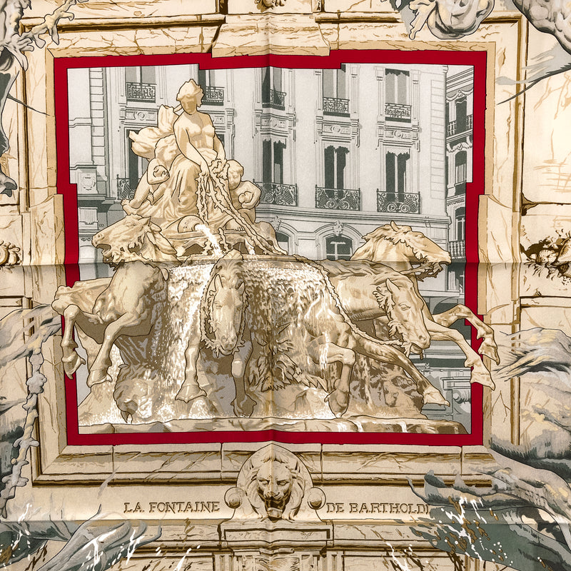 La Fontaine de Bartholdi Hermes Scarf by Rybal 90 cm Silk Twill | Red | Navy