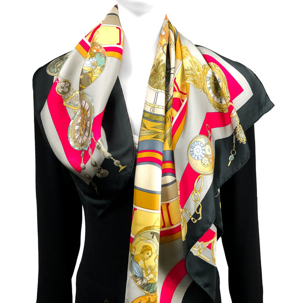 La Ronde des Heures Hermes Scarf by Dubigeon 90 cm Silk Black Col.