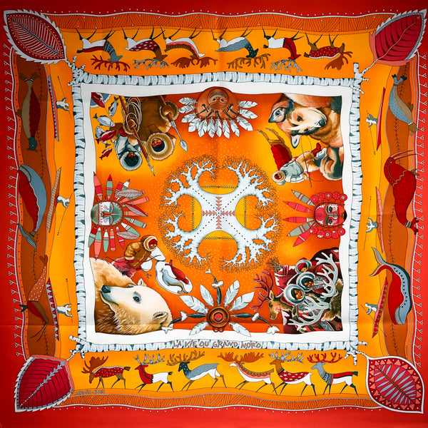 La Vie du Grand Nord Hermes Scarf by Aline Honore 90cm Silk Twill Orange Col.