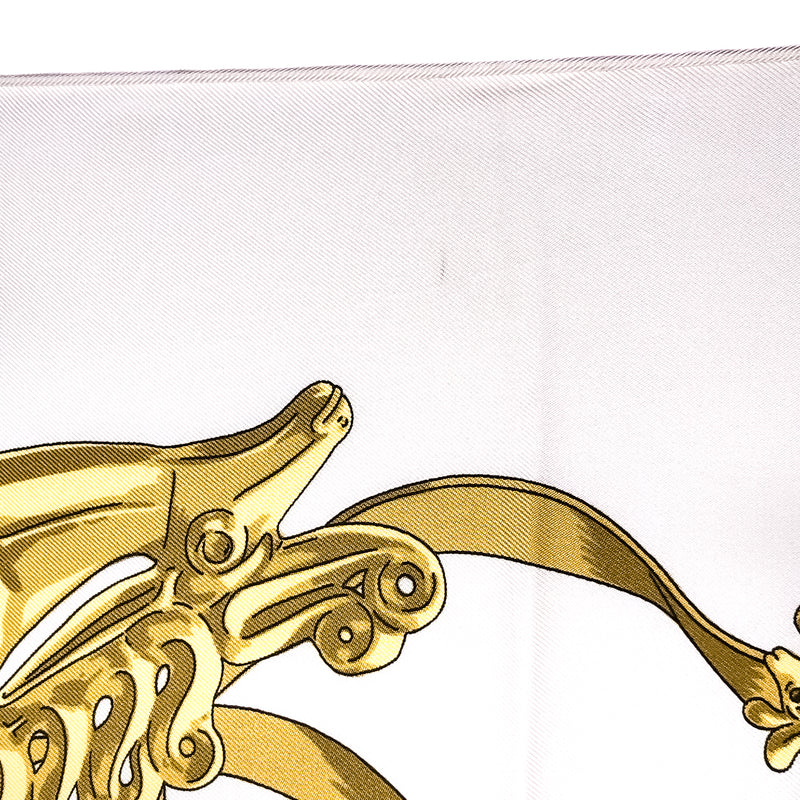 Les Cavaliers D'Or Hermes Scarf by Rybal 90 cm Silk Twill | White