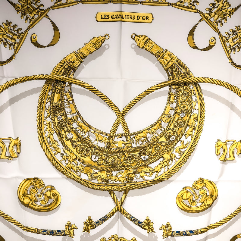 Les Cavaliers D'Or Hermes Scarf by Rybal 90 cm Silk Twill | White