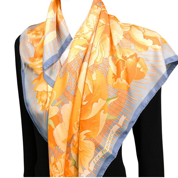 Les Pivoines Hermes Scarf by Christiane Vauzelles 90 cm Silk Twill | Blue Orange