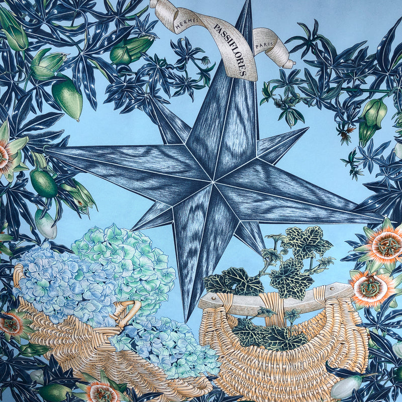 Passiflores Hermes Scarf by Valerie Dawlat-Dumoulin 90 cm Silk Twill | Lt Blue