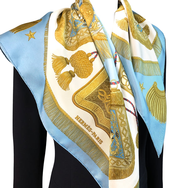 Poste et Cavalerie Hermes Scarf by Joachim Metz 90 cm Silk Lt Blue