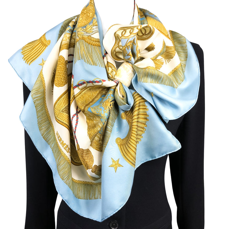 Poste et Cavalerie Hermes Scarf by Joachim Metz 90 cm Silk Lt Blue