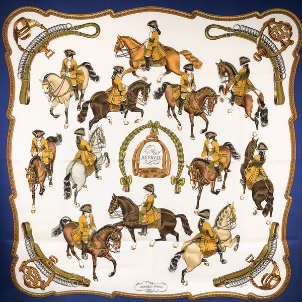 Reprise Hermes Scarf by Philippe Ledoux 90cm Silk Vintage Blue & White Col.
