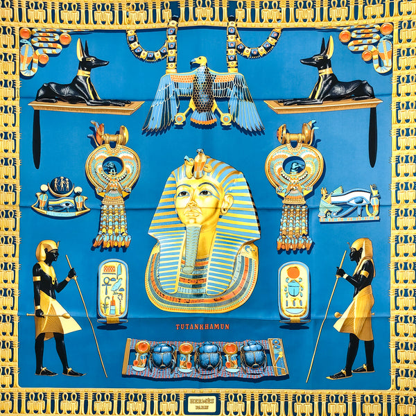 Tutankhamun Hermes Scarf by Rybal 90cm Silk Twill Blue Col. w/BOX