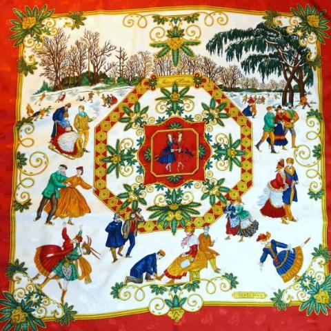 Hermes Silk Jacquard Scarf Joies D'Hiver Red Border