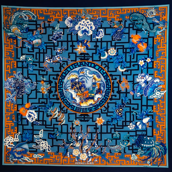 Turandot Hermes Scarf by Natsuno Hidaka 90 cm Silk Twill - GRAIL Blue