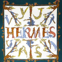 Alphabet III Hermes Silk Scarf Annie Faivre with dark teal border