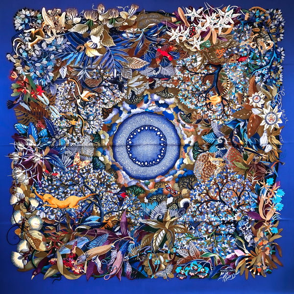 Au Coeur de la Vie Hermes Scarf by Aline Honore 90 cm Silk Twill - GRAIL Blue