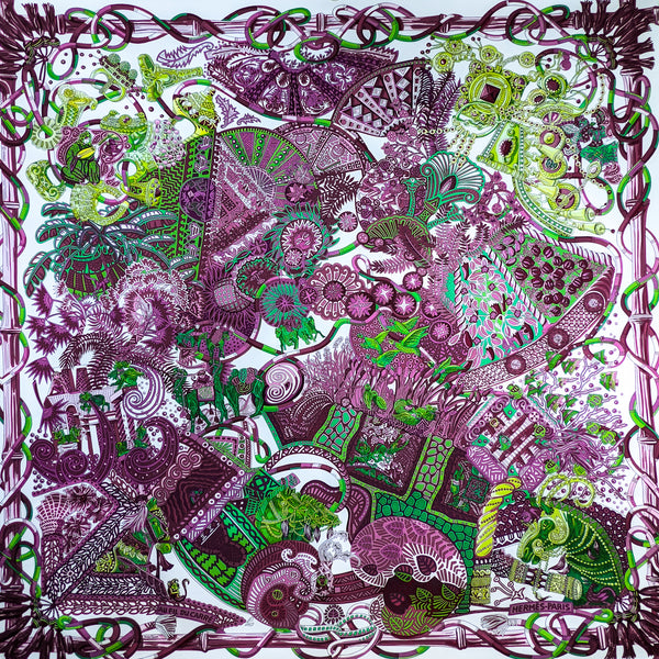 Au Fil du Carre Hermes Scarf by Annie Faivre 90 CM Silk Twill Green & Purple