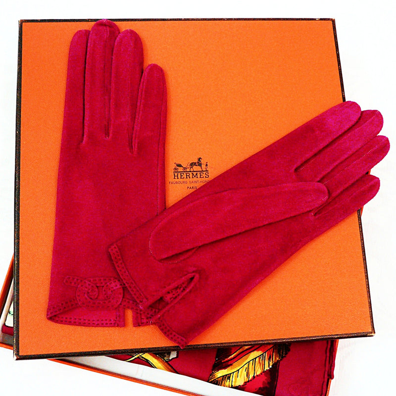 HERMES Suede Gloves and Coordinating La Comedie Italienne Silk Carre