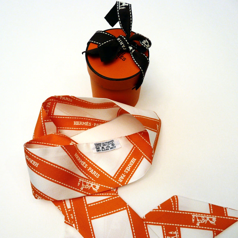 Hermes Silk Twilly Scarf Bolduc Orange on White with Round Box