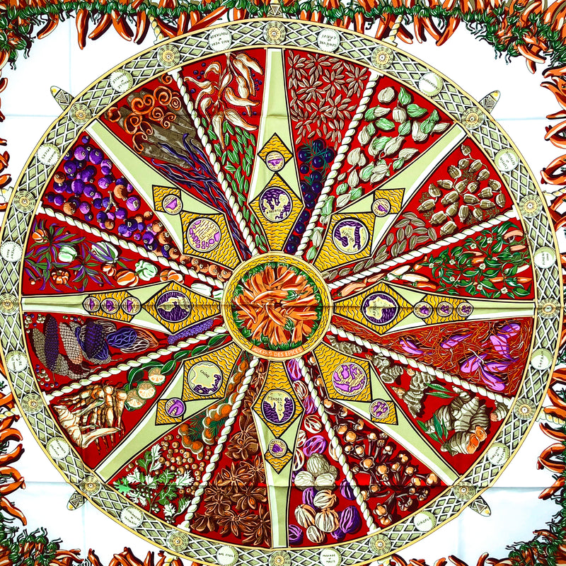 Aux Pays des Epices Hermes silk scarf in red on white