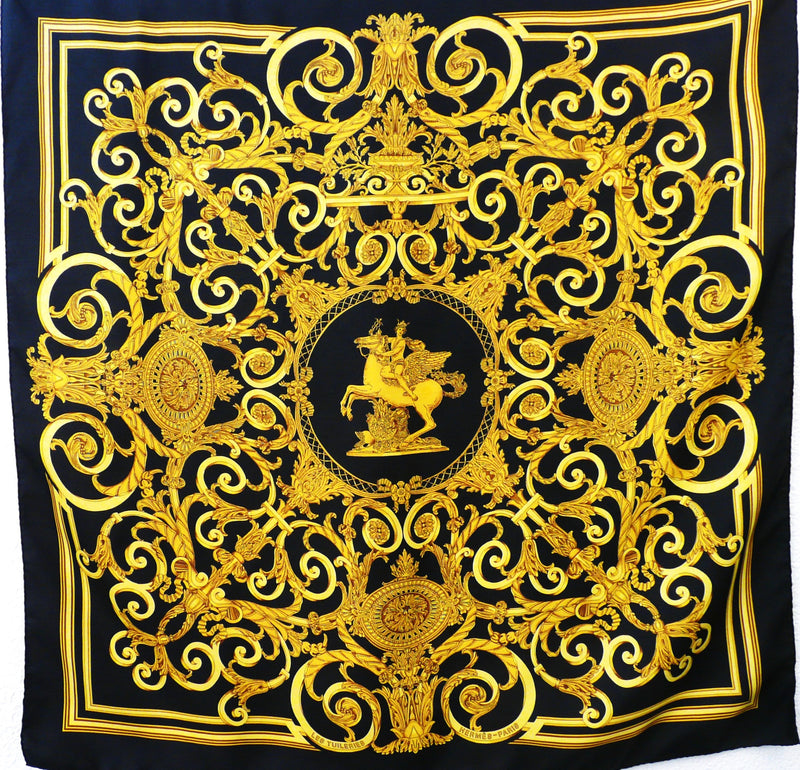 Authentic Vintage Hermes Silk Scarf Les Tuileries Joachim Metz Gold Black