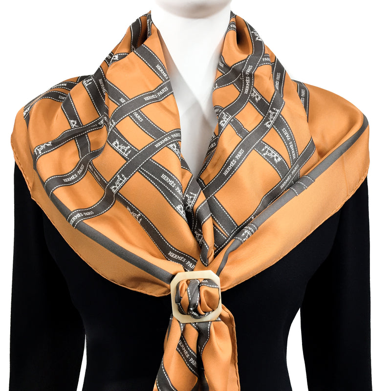 Bolduc Hermes Silk Scarf Orange & Brown 90cm Twill
