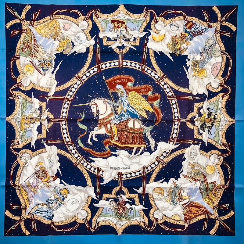 Cavaliers Des Nuages Hermes Scarf by Donnadieu 90 cm Silk Blue NIB