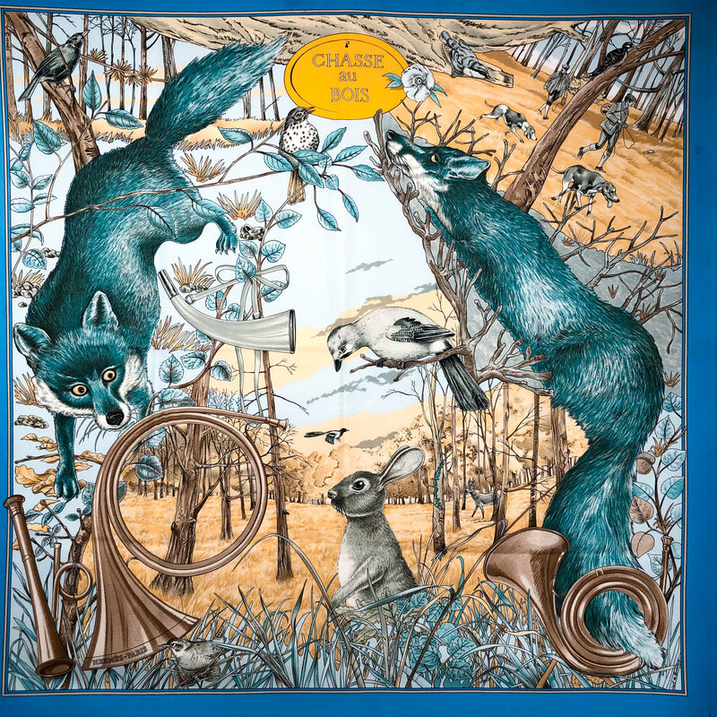 90 cm silk twill Chasse au Bois (Hunt in the Woods) Hermes Scarf 