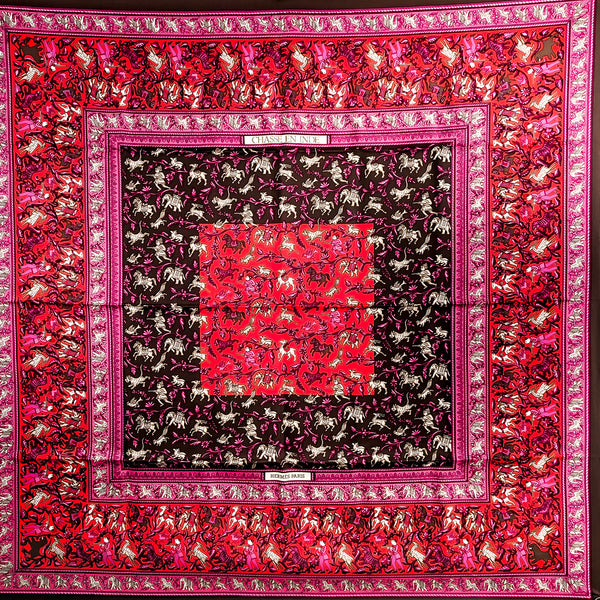 Chasse en Inde Hermes Scarf by Michele Duchene 90 cm Silk Twill Bright Pink | Brown 90 cm