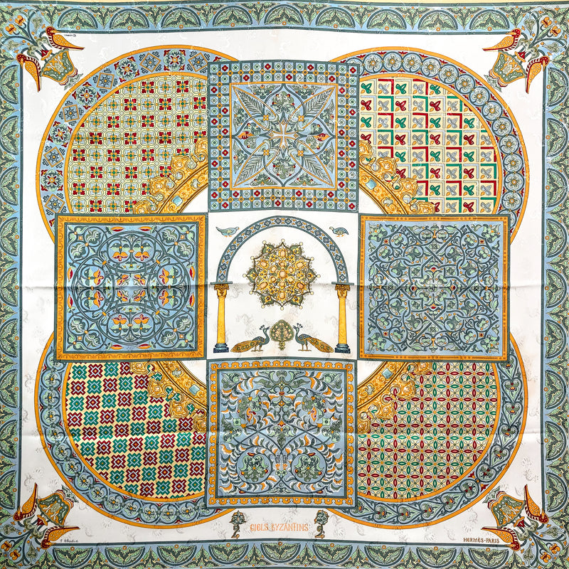 Ciels Byzantins Hermes Scarf by Julia Abadie 90 cm Silk Peacock Jacquard