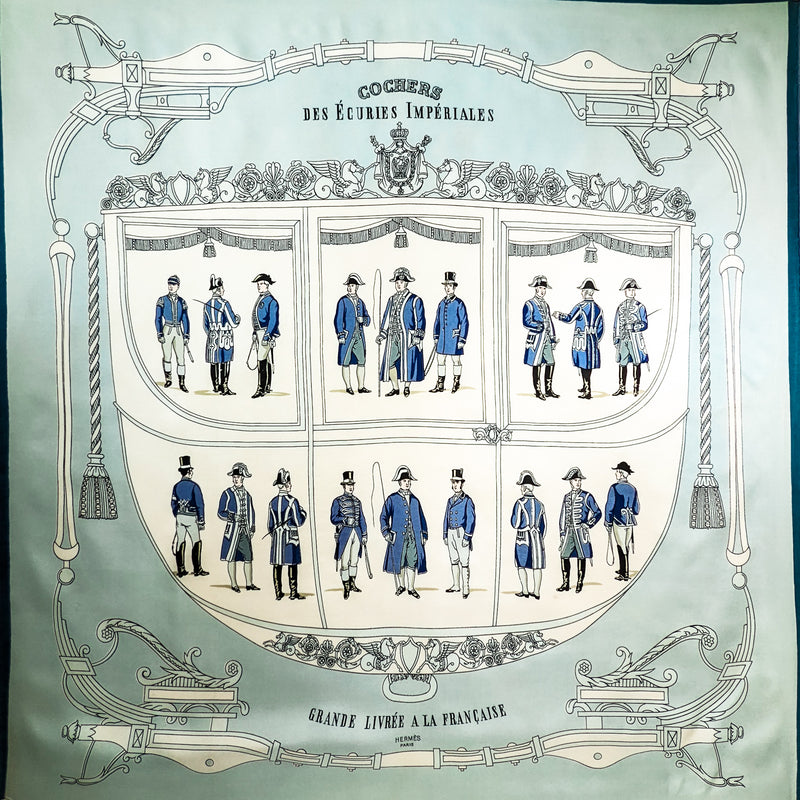 Cochers des Ecuries Imperiales Hermes Scarf by Hugo Grygkar 90 cm  Lt Blue