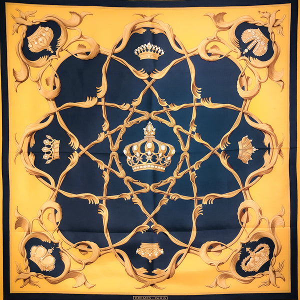 Crown Hermes Scarf by Julia Abadie 90 cm Silk Twill Early Issue Yellow/Blue