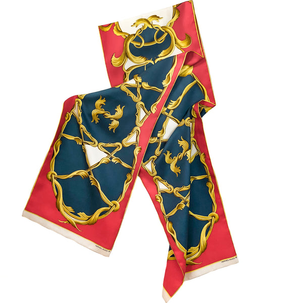 Crown Hermes Reversible Silk Shawl Red & Blue | Opera Scarf RARE