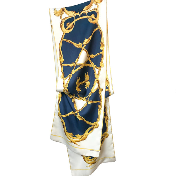 Crown Hermes Reversible Silk Shawl | Opera Scarf RARE blue and cream