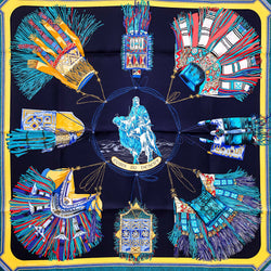 Cuirs du Desert Hermes silk scarf in yellow and blue 90cm square
