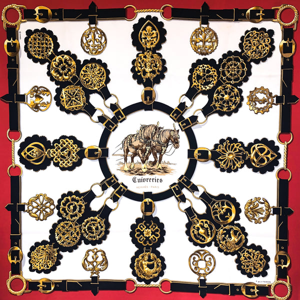 Cuivreries Hermes Scarf by de la Perriere 90 cm Silk - Classic in Red, Black on White