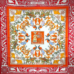 Early America Hermes Scarf by Francoise de la Perriere 90 cm Silk Twill Orange & Red Col.