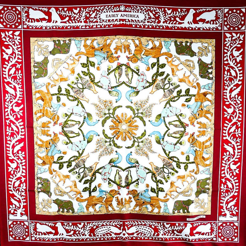 Early America HERMES Vintage Silk Scarf Early Issue in red